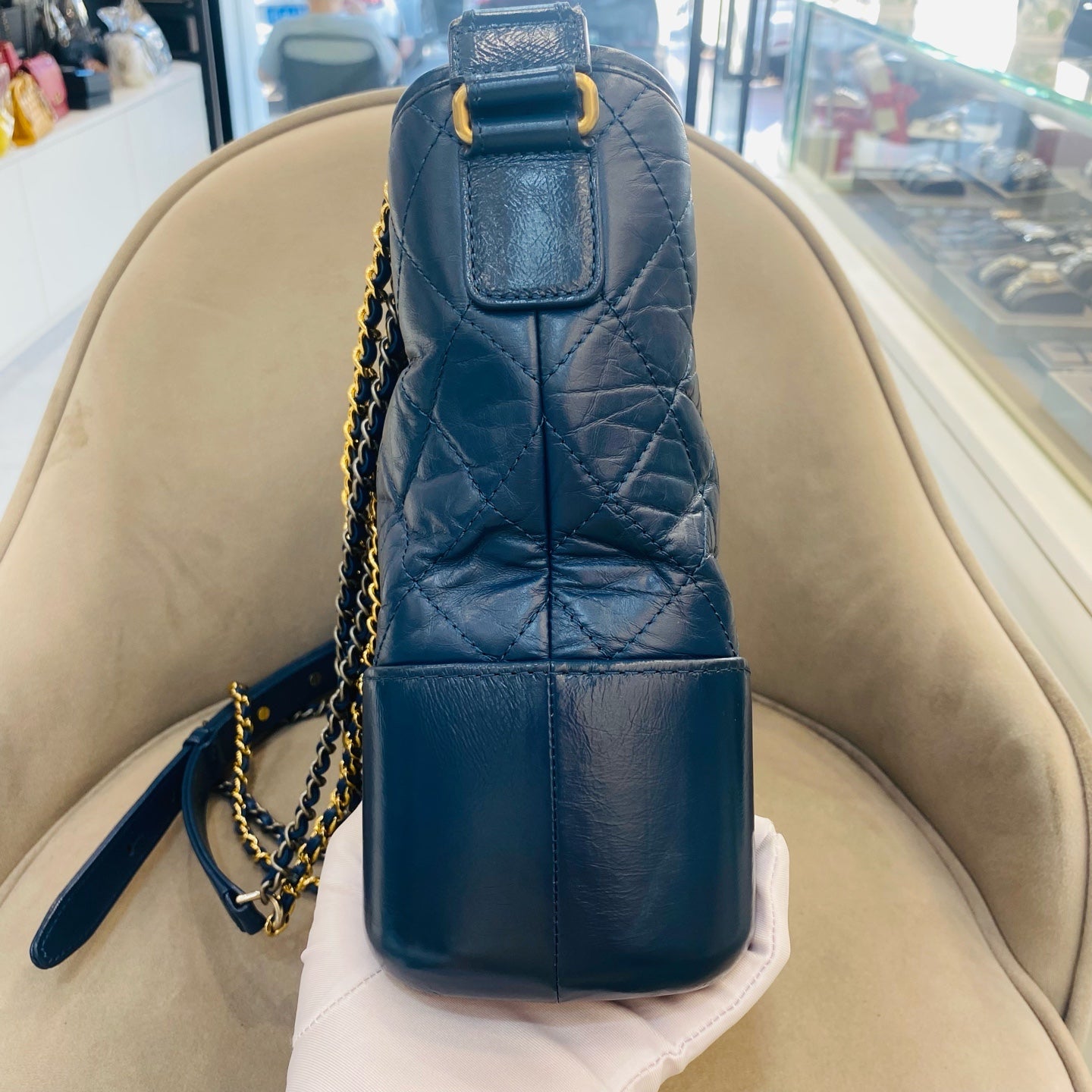 Chanel Gabrielle Hobo Handbag Navy Blue Quilted & Smooth Leather Gold & Silver Hardware