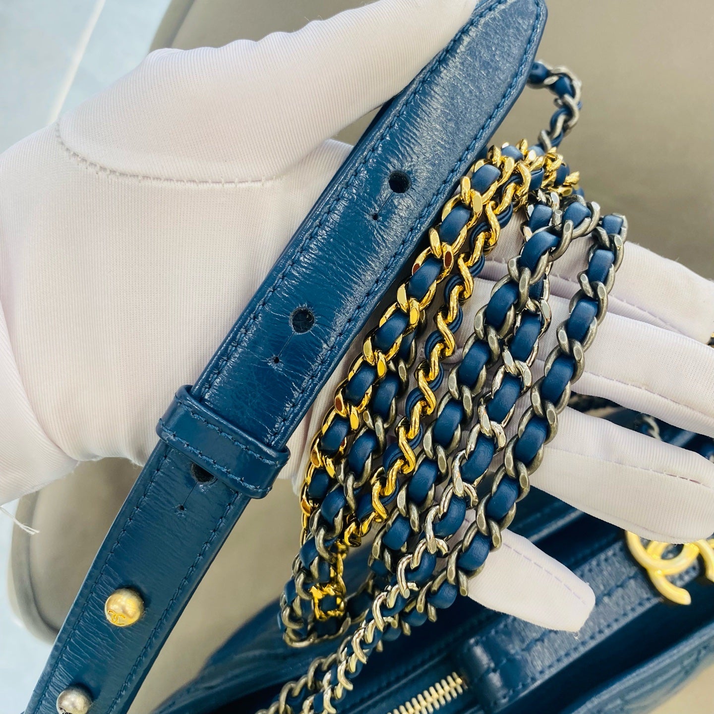 Chanel Gabrielle Hobo Handbag Navy Blue Quilted & Smooth Leather Gold & Silver Hardware