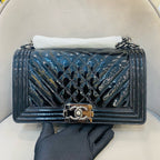Chanel Boy Handbag Small Black Patent Quilted Leather Silver Hardware