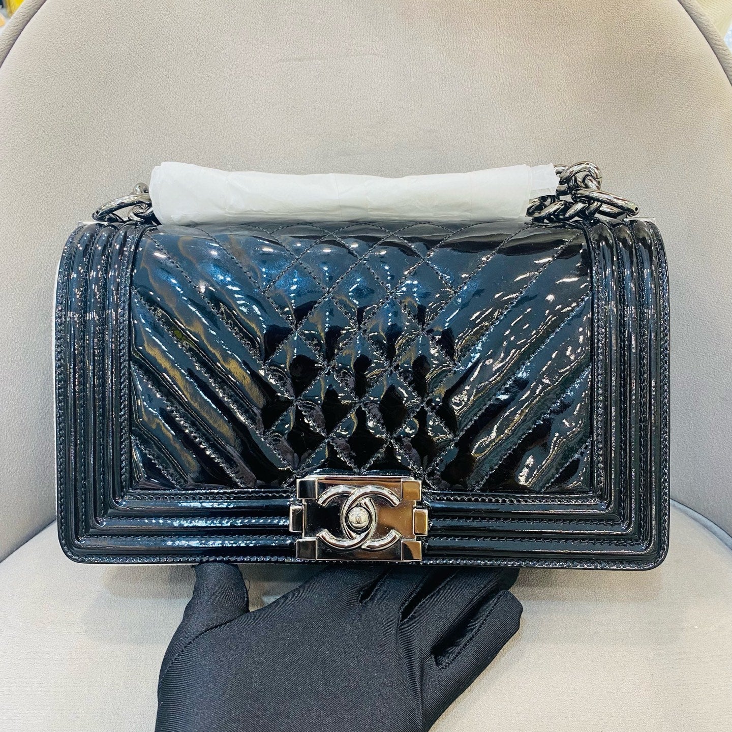 Chanel Boy Handbag Small Black Patent Quilted Leather Silver Hardware