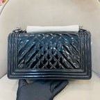 Chanel Boy Handbag Small Black Patent Quilted Leather Silver Hardware