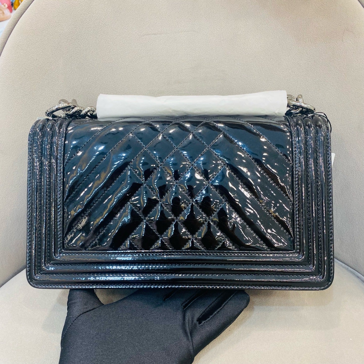 Chanel Boy Handbag Small Black Patent Quilted Leather Silver Hardware