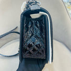 Chanel Boy Handbag Small Black Patent Quilted Leather Silver Hardware
