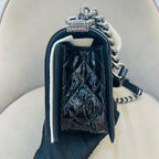 Chanel Boy Handbag Small Black Patent Quilted Leather Silver Hardware