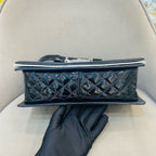Chanel Boy Handbag Small Black Patent Quilted Leather Silver Hardware