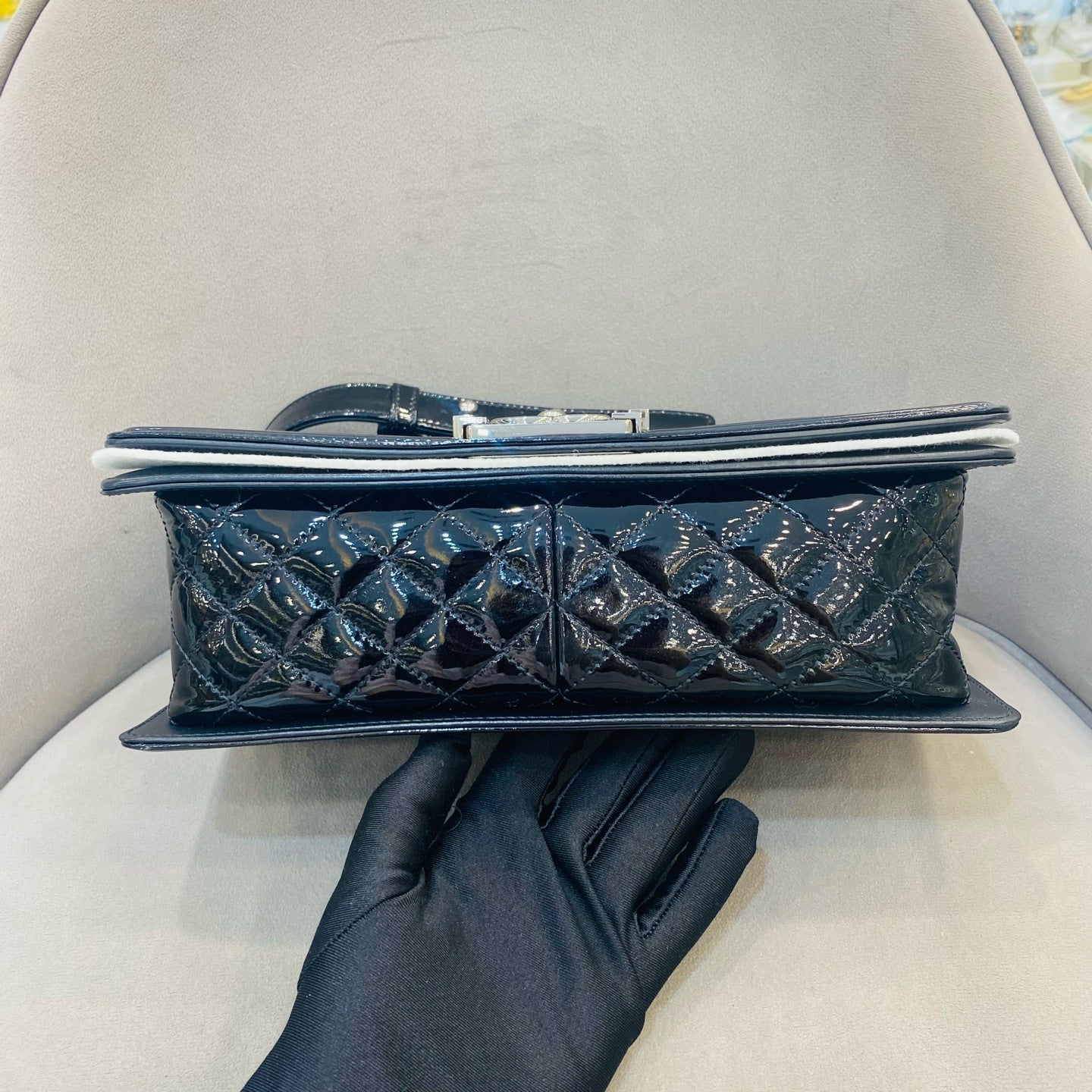 Chanel Boy Handbag Small Black Patent Quilted Leather Silver Hardware