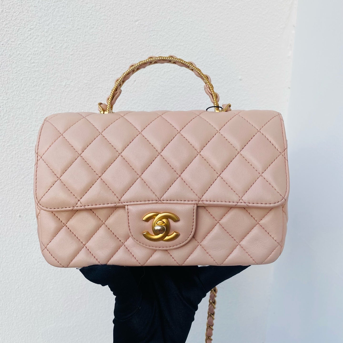 Chanel Top Handle Flap Handbag Blush Pink Quilted Leather Gold Hardware