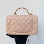 Chanel Top Handle Flap Handbag Blush Pink Quilted Leather Gold Hardware