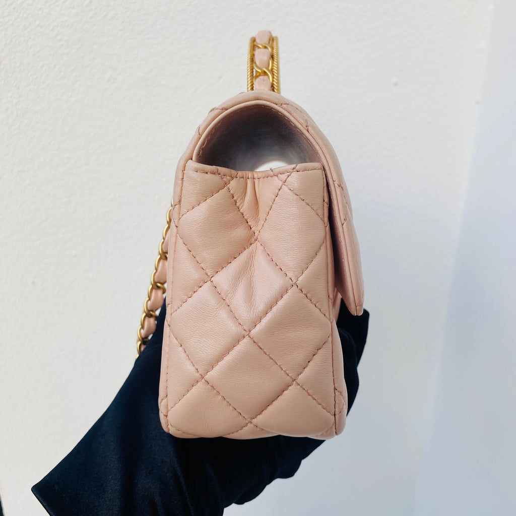 Chanel Top Handle Flap Handbag Blush Pink Quilted Leather Gold Hardware