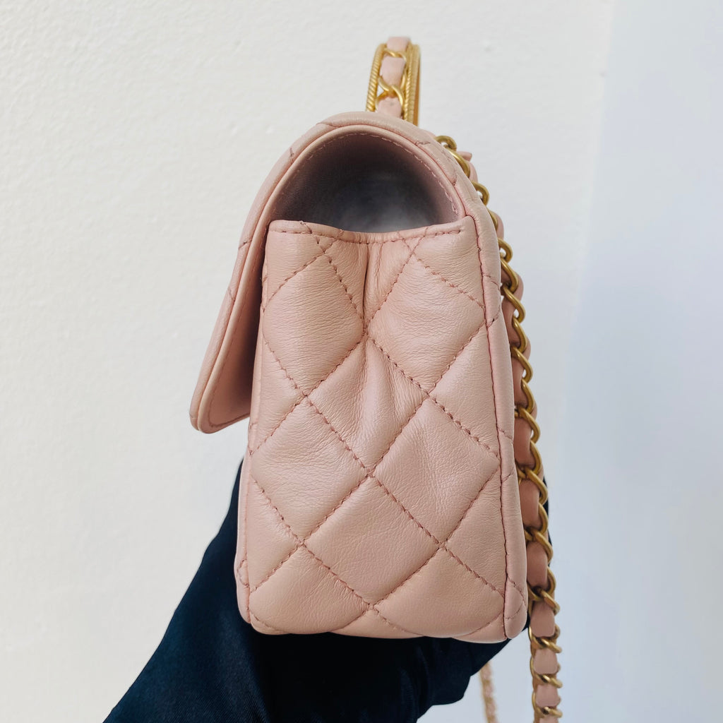 Chanel Top Handle Flap Handbag Blush Pink Quilted Leather Gold Hardware
