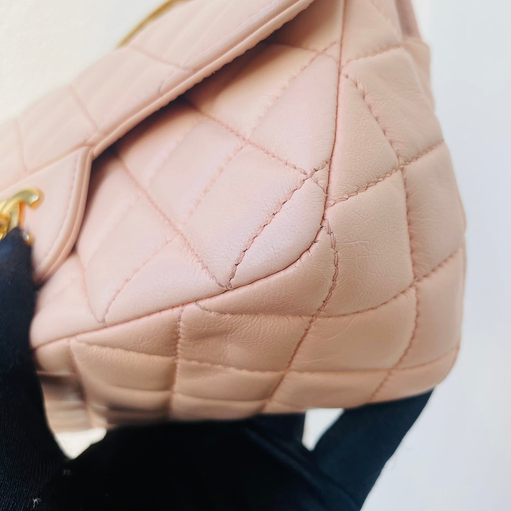 Chanel Top Handle Flap Handbag Blush Pink Quilted Leather Gold Hardware