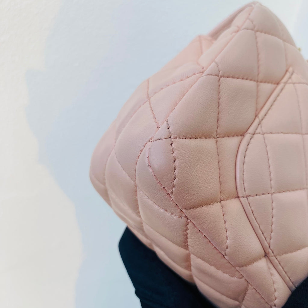 Chanel Top Handle Flap Handbag Blush Pink Quilted Leather Gold Hardware