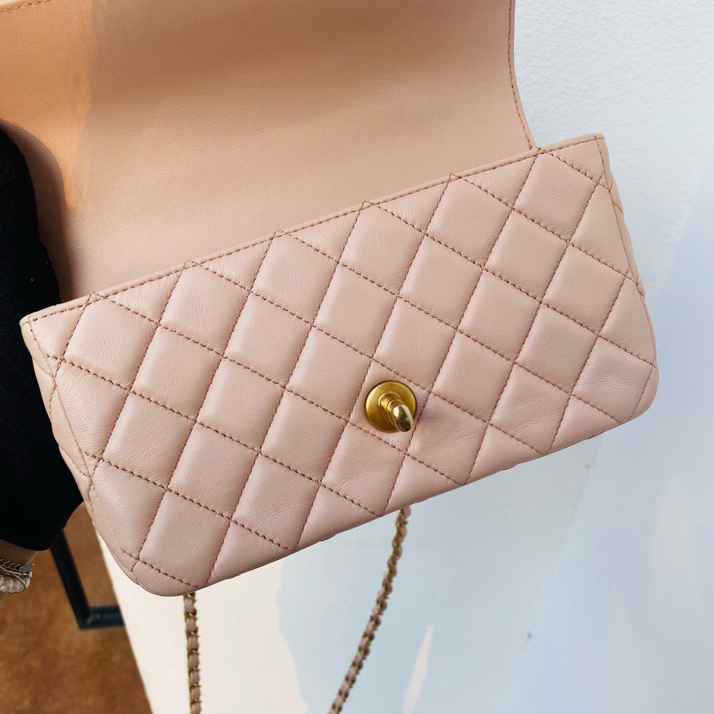 Chanel Top Handle Flap Handbag Blush Pink Quilted Leather Gold Hardware