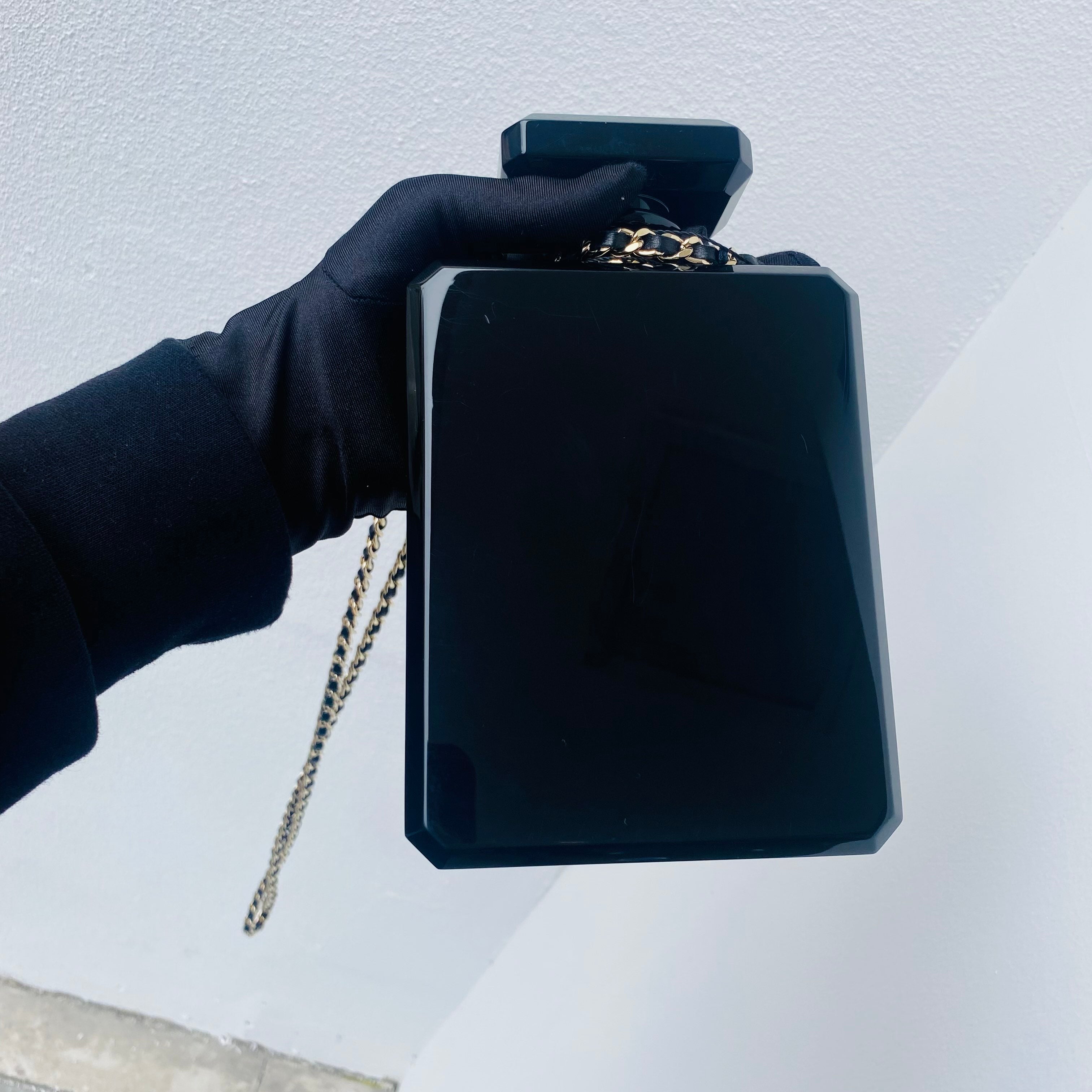 Chanel No. 5 Perfume Bottle Clutch Bag Black Resin Gold Hardware