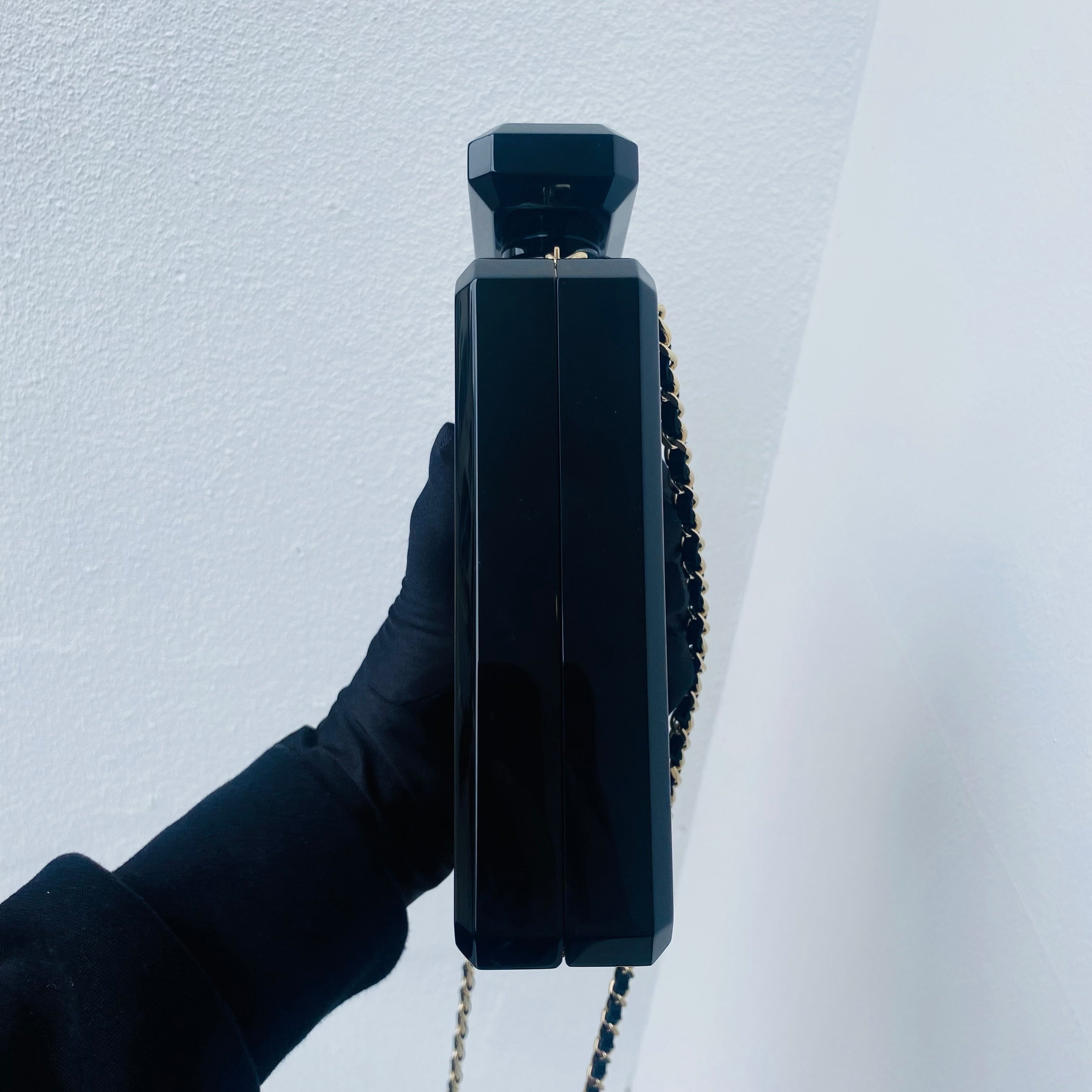 Chanel No. 5 Perfume Bottle Clutch Bag Black Resin Gold Hardware