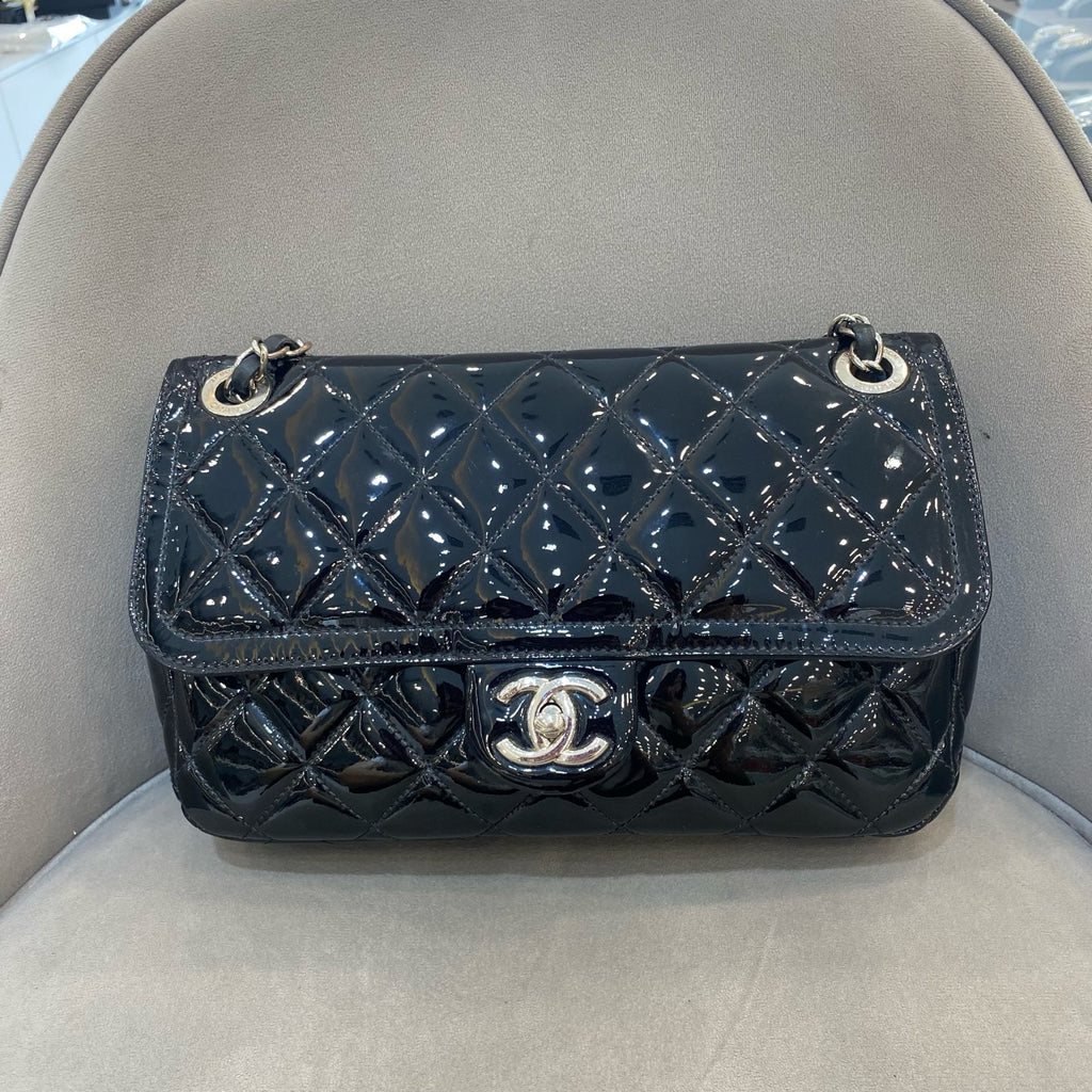 Chanel Classic Flap Handbag Black Patent Quilted Leather Gold Hardware