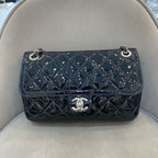 Chanel Classic Flap Handbag Black Patent Quilted Leather Gold Hardware