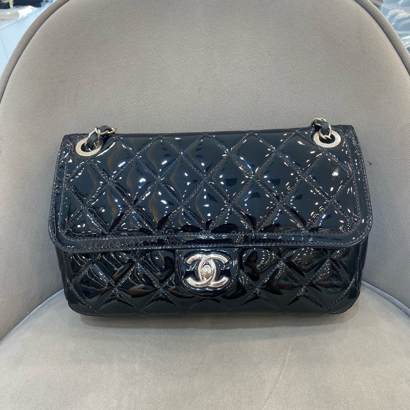 Chanel Classic Flap Handbag Black Patent Quilted Leather Gold Hardware