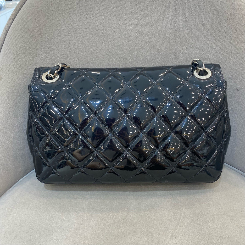 Chanel Classic Flap Handbag Black Patent Quilted Leather Gold Hardware