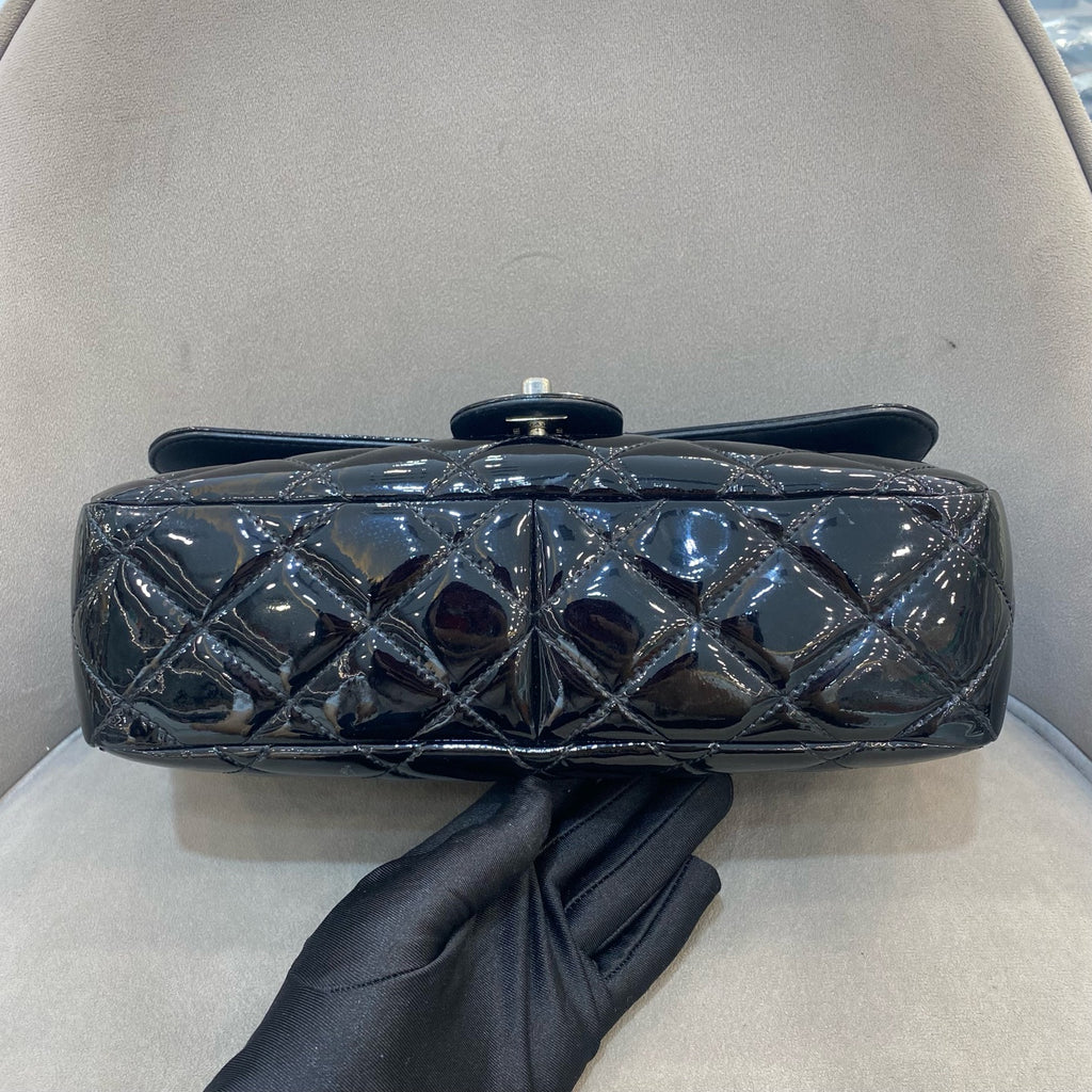 Chanel Classic Flap Handbag Black Patent Quilted Leather Gold Hardware