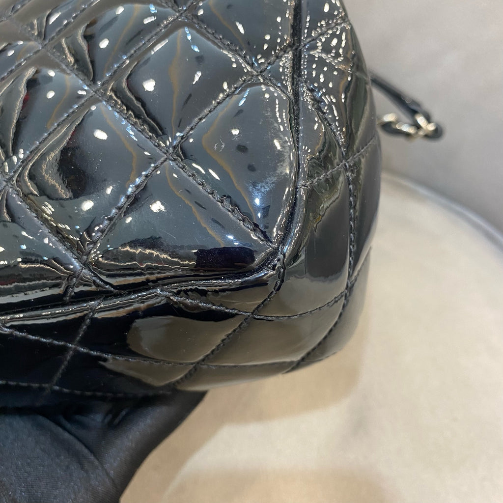 Chanel Classic Flap Handbag Black Patent Quilted Leather Gold Hardware