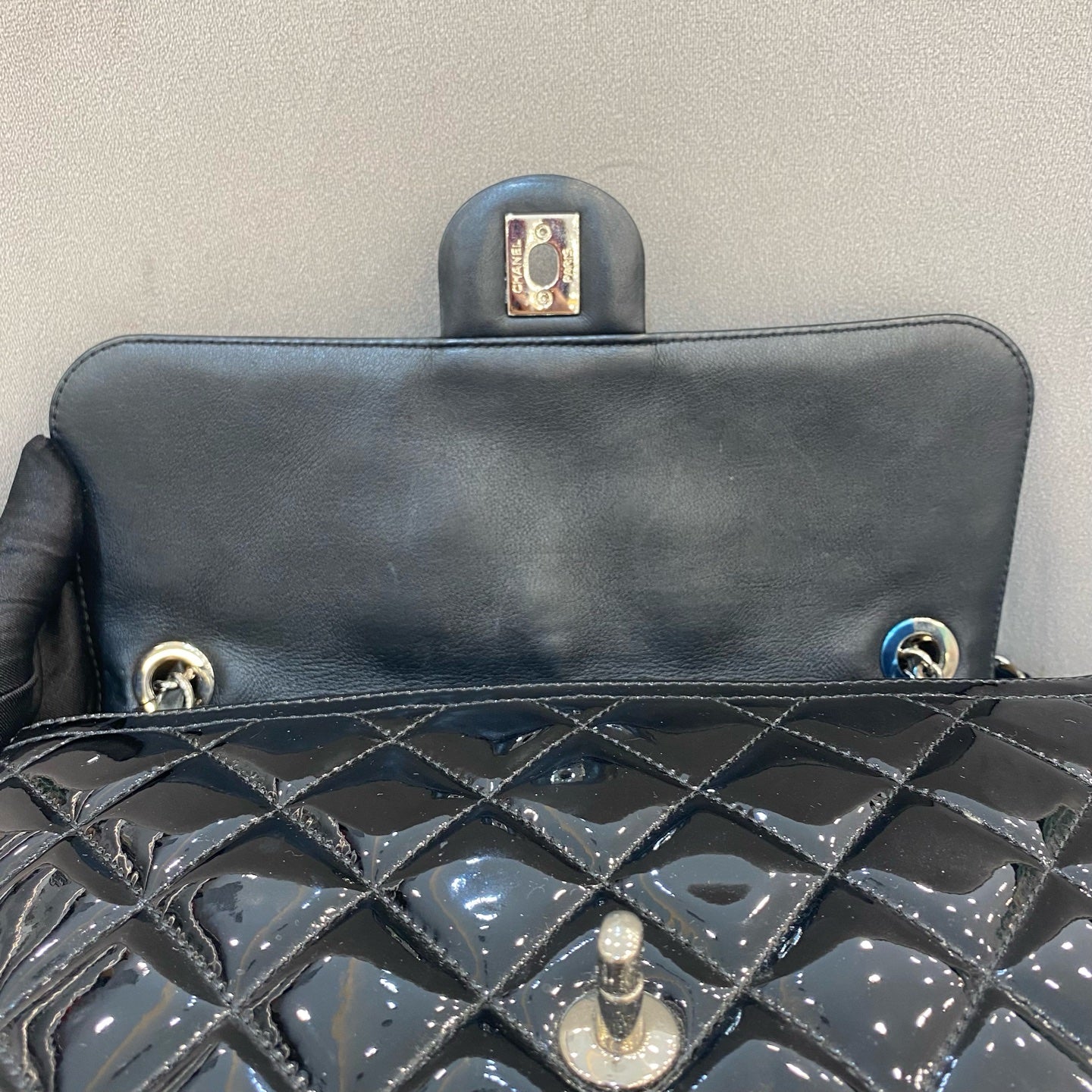 Chanel Classic Flap Handbag Black Patent Quilted Leather Gold Hardware