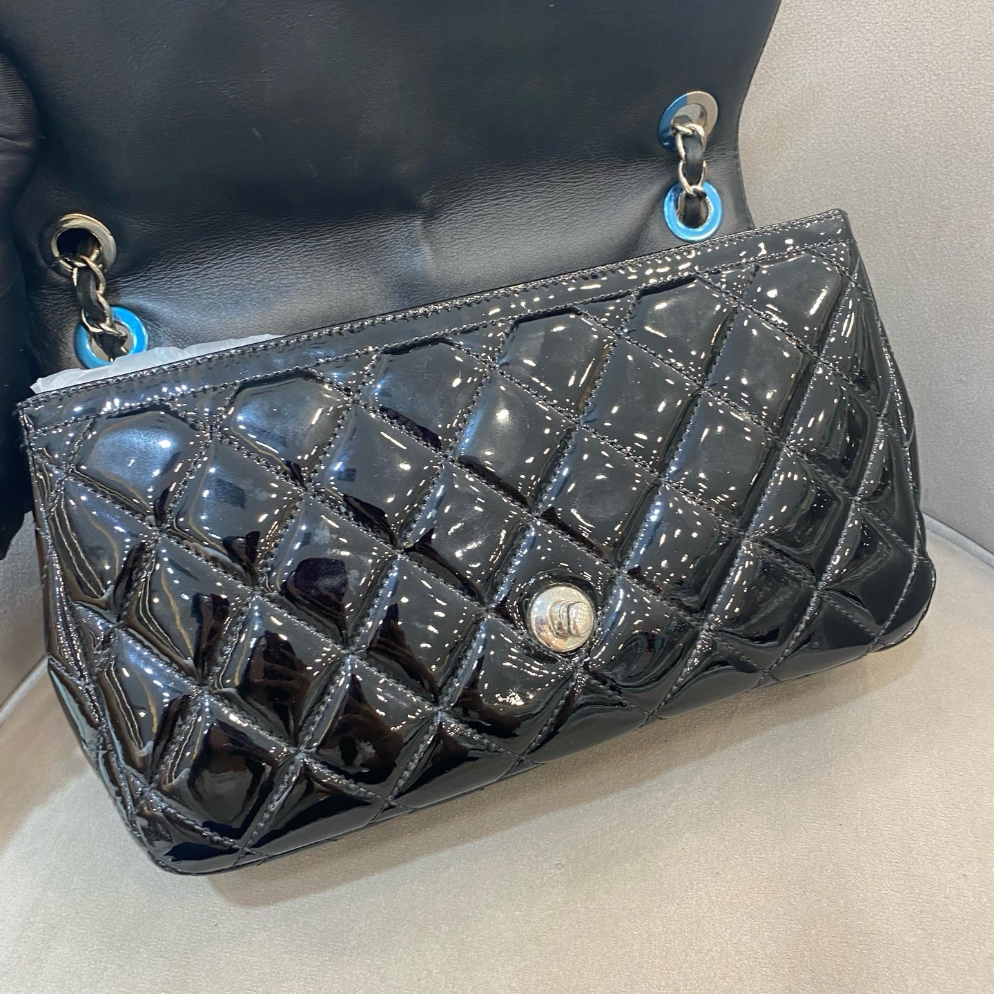 Chanel Classic Flap Handbag Black Patent Quilted Leather Gold Hardware