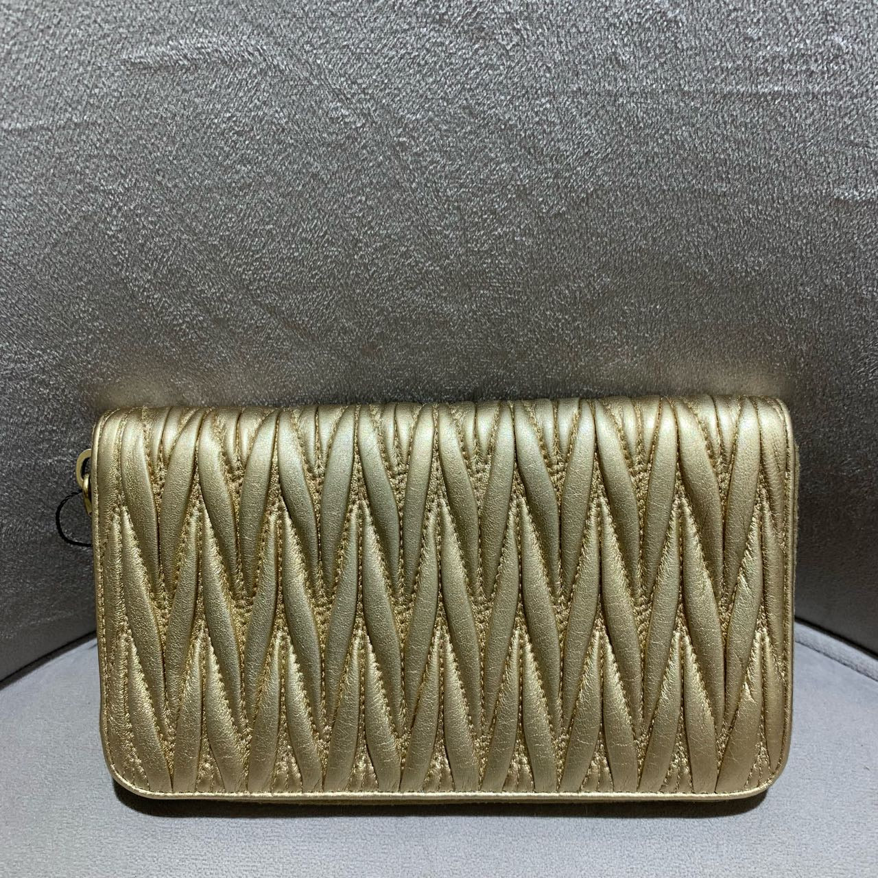Miu Miu Matelassé Zip-Around Wallet Metallic Champagne Gold Leather Gold Hardware