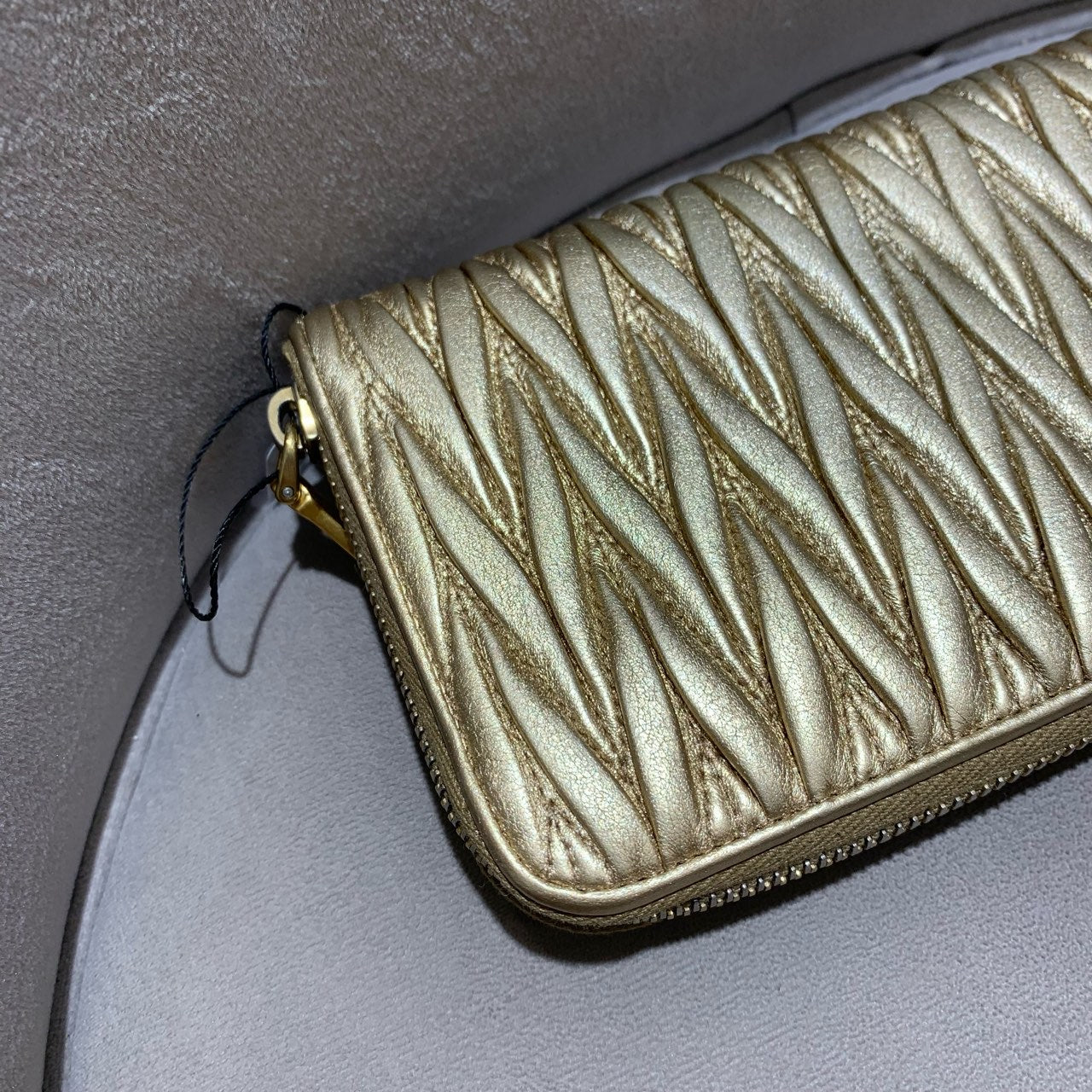 Miu Miu Matelassé Zip-Around Wallet Metallic Champagne Gold Leather Gold Hardware