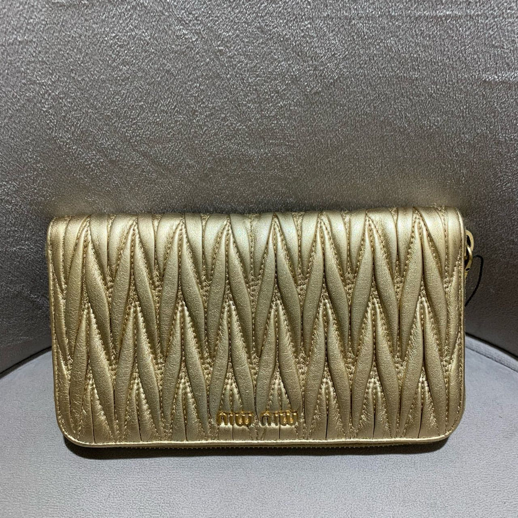 Miu Miu Matelassé Zip-Around Wallet Metallic Champagne Gold Leather Gold Hardware