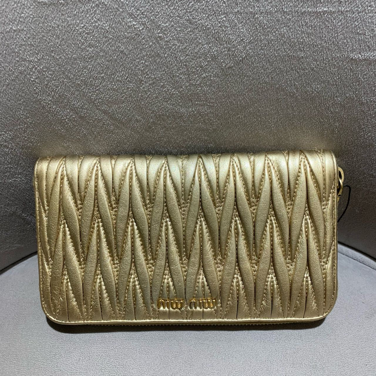 Miu Miu Matelassé Zip-Around Wallet Metallic Champagne Gold Leather Gold Hardware
