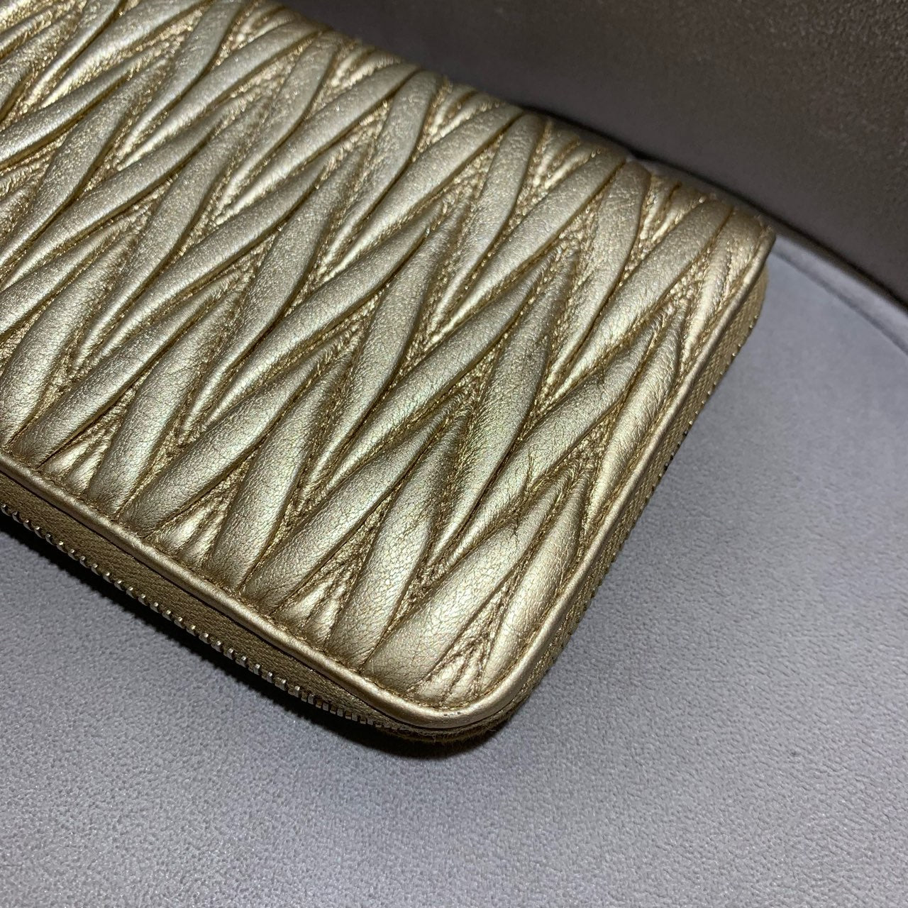 Miu Miu Matelassé Zip-Around Wallet Metallic Champagne Gold Leather Gold Hardware