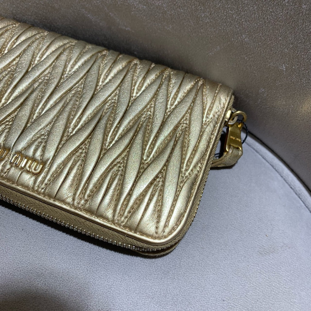 Miu Miu Matelassé Zip-Around Wallet Metallic Champagne Gold Leather Gold Hardware