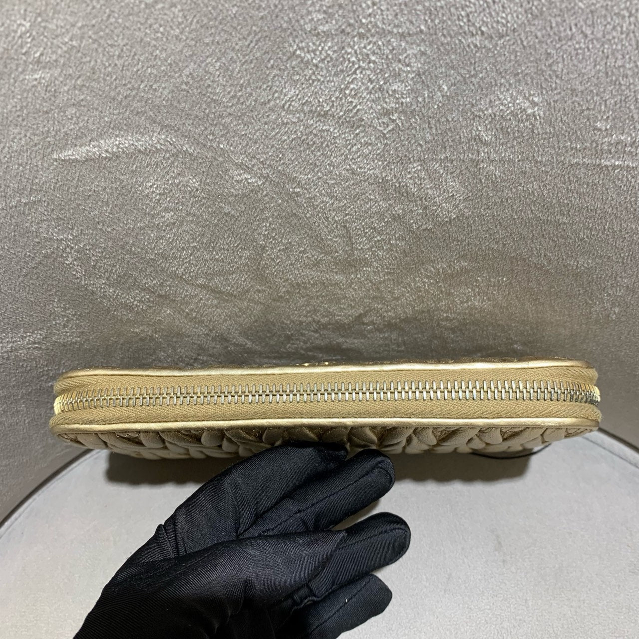 Miu Miu Matelassé Zip-Around Wallet Metallic Champagne Gold Leather Gold Hardware
