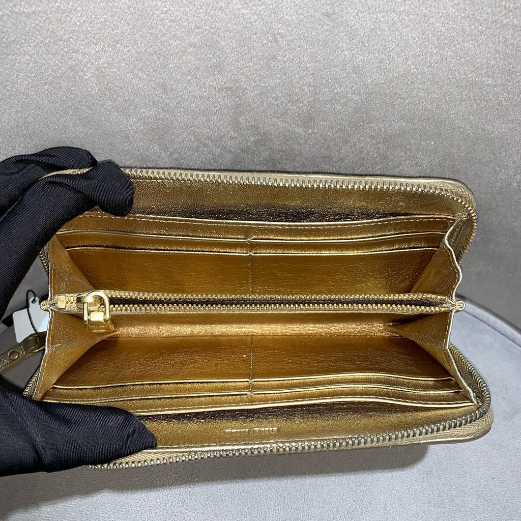 Miu Miu Matelassé Zip-Around Wallet Metallic Champagne Gold Leather Gold Hardware