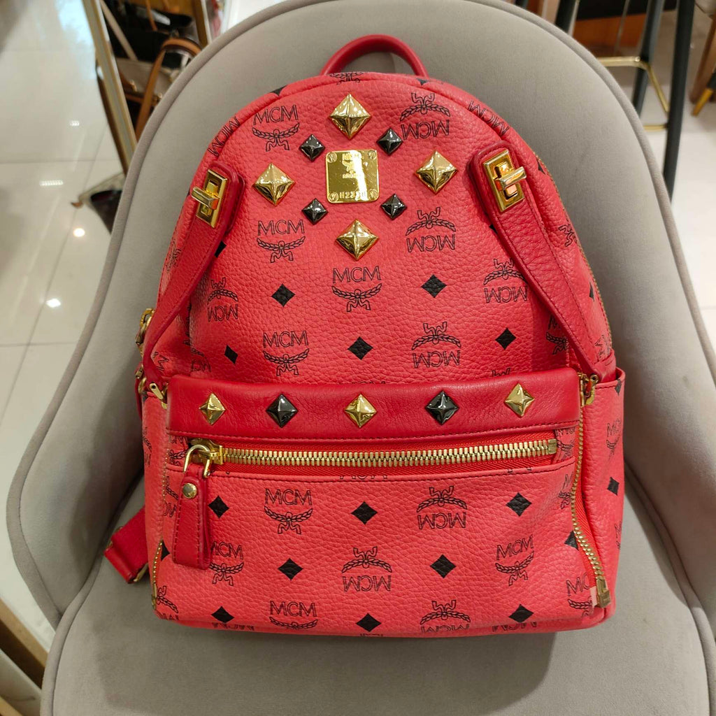 MCM Visetos Rivet Stark Backpack Medium Watermelon Red Gold Hardware