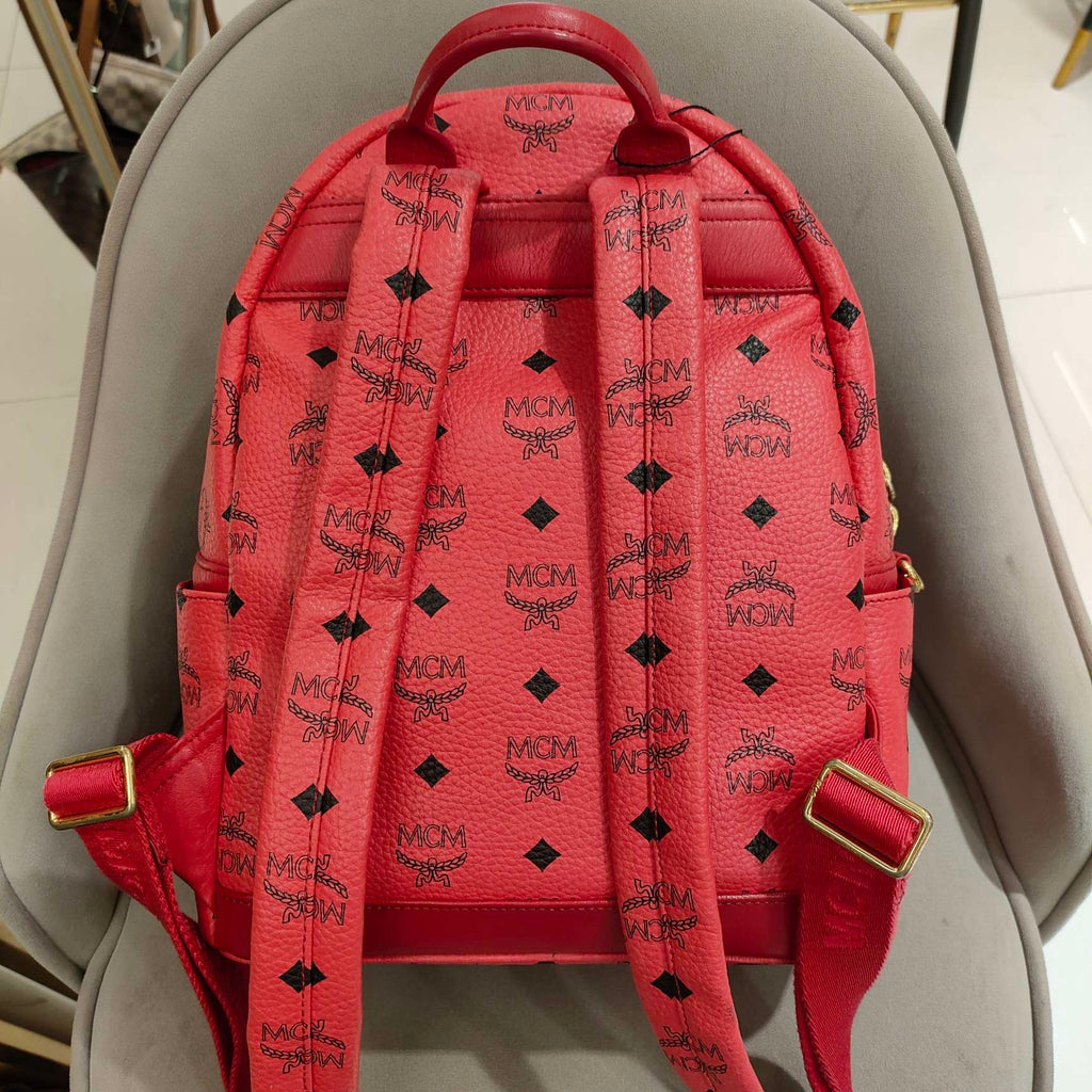 MCM Visetos Rivet Stark Backpack Medium Watermelon Red Gold Hardware