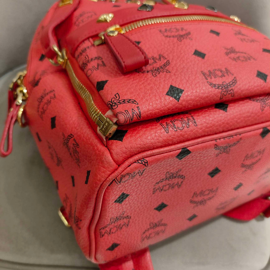 MCM Visetos Rivet Stark Backpack Medium Watermelon Red Gold Hardware