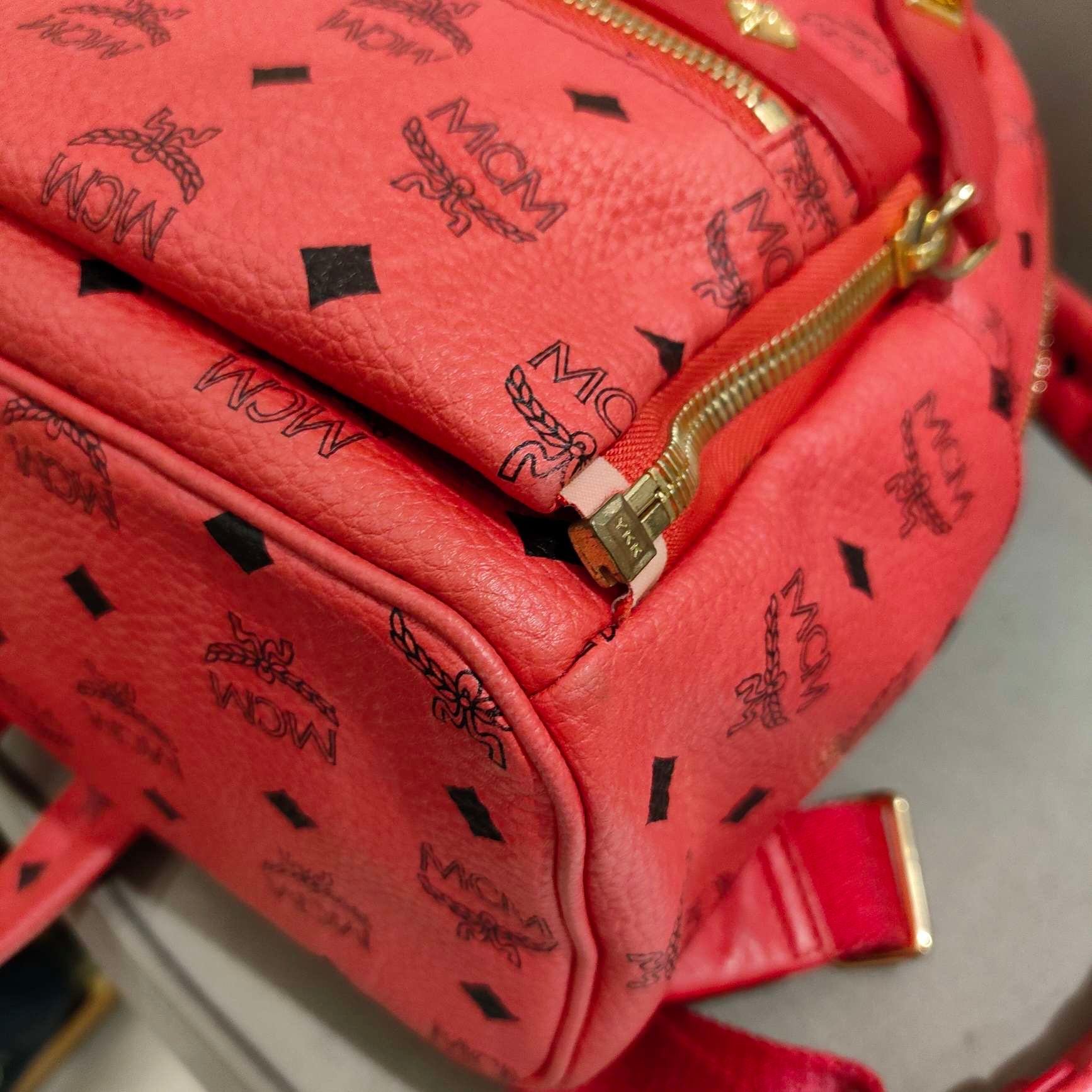 MCM Visetos Rivet Stark Backpack Medium Watermelon Red Gold Hardware