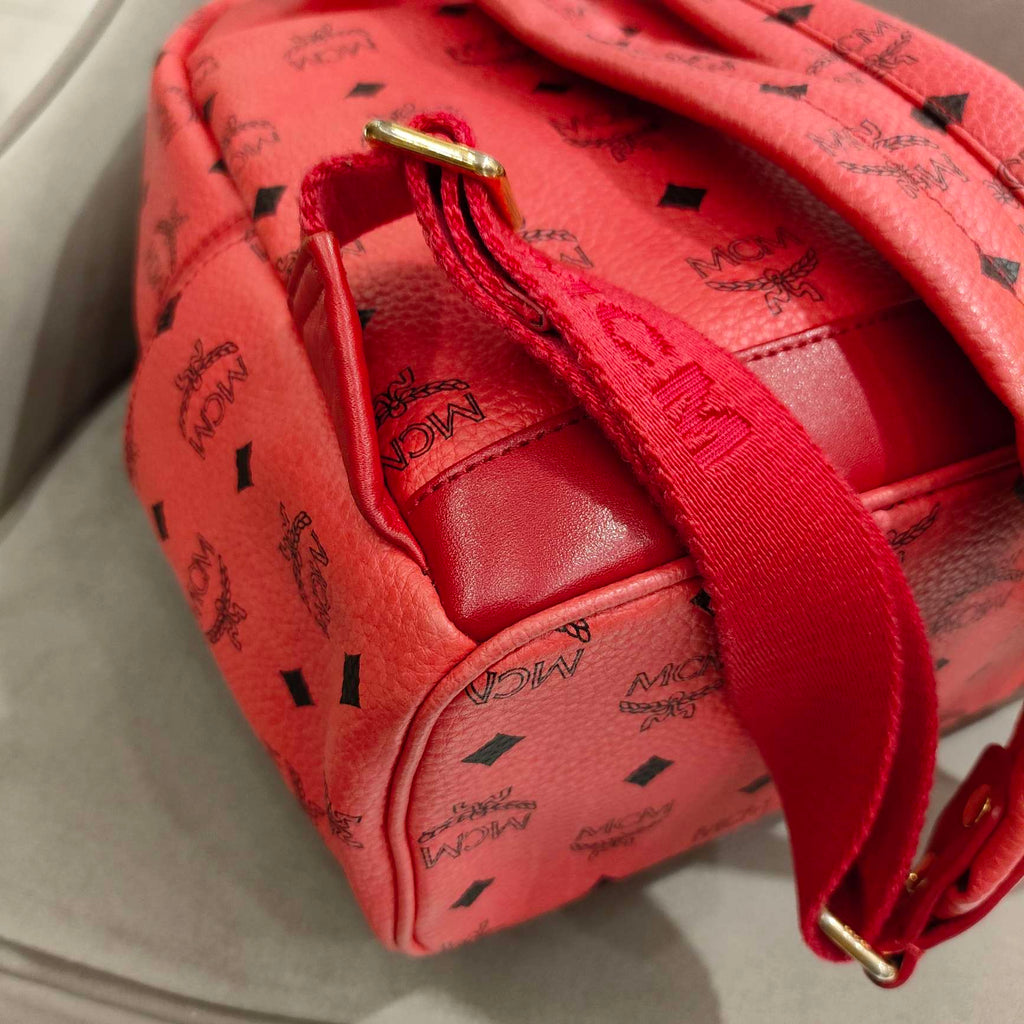 MCM Visetos Rivet Stark Backpack Medium Watermelon Red Gold Hardware