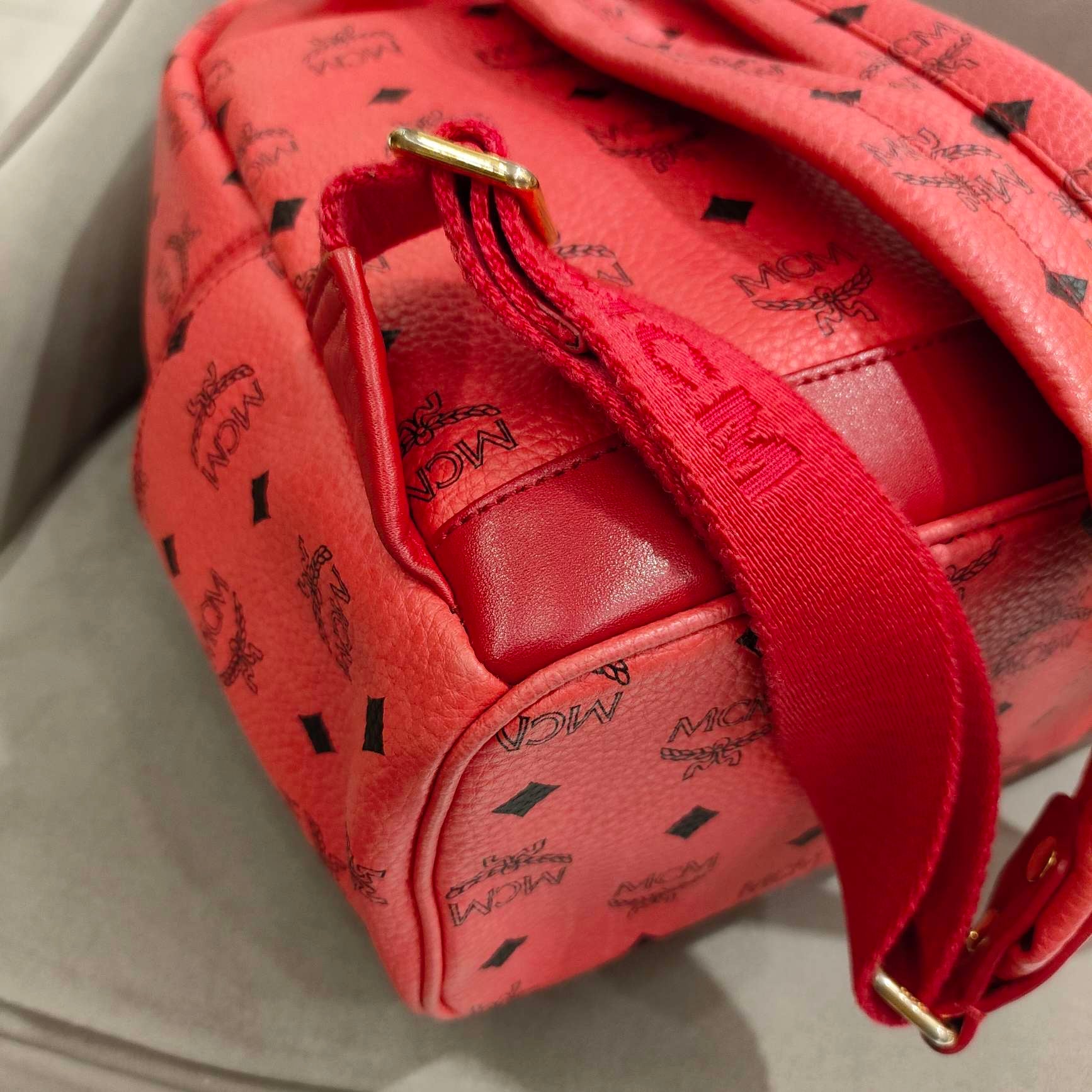 MCM Visetos Rivet Stark Backpack Medium Watermelon Red Gold Hardware