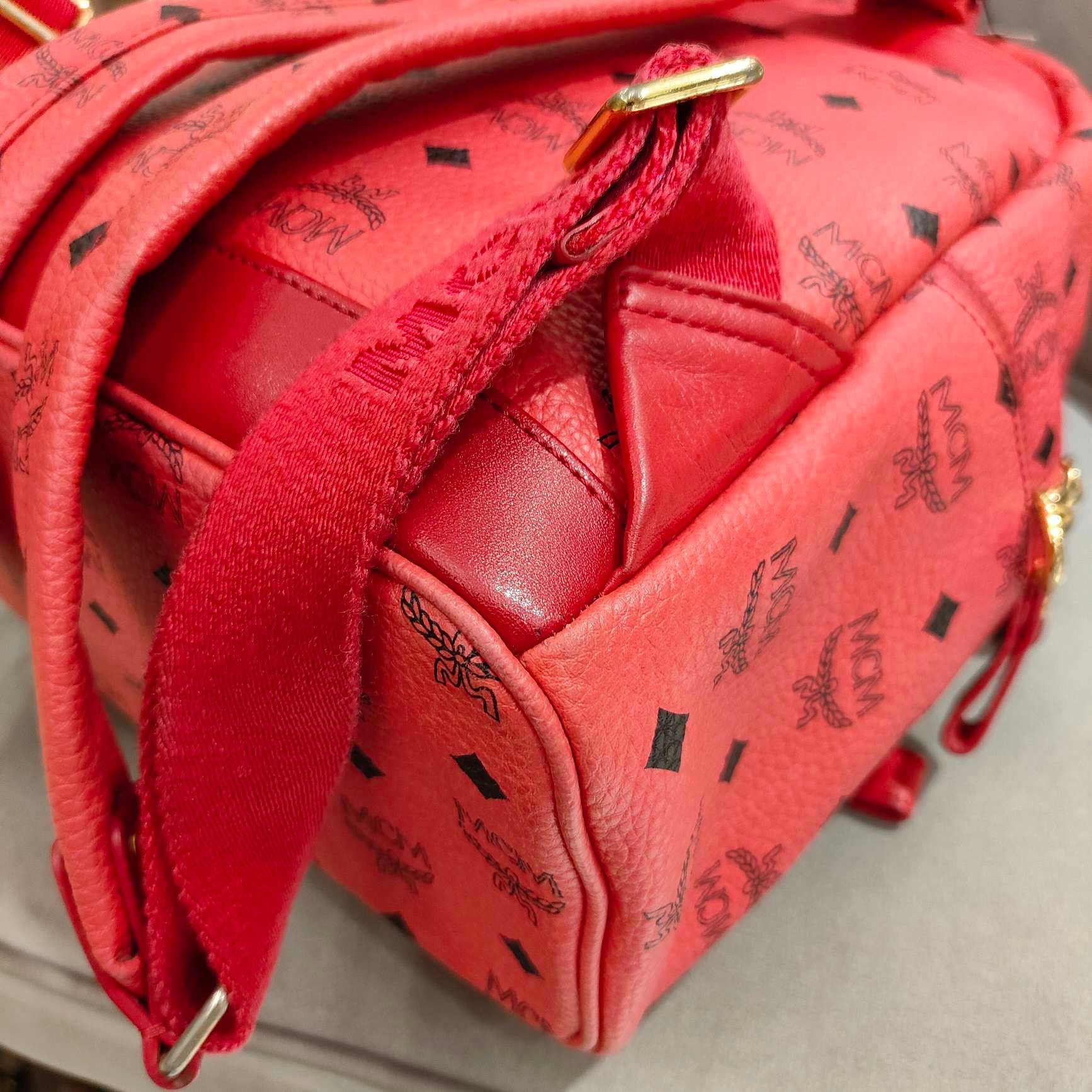 MCM Visetos Rivet Stark Backpack Medium Watermelon Red Gold Hardware