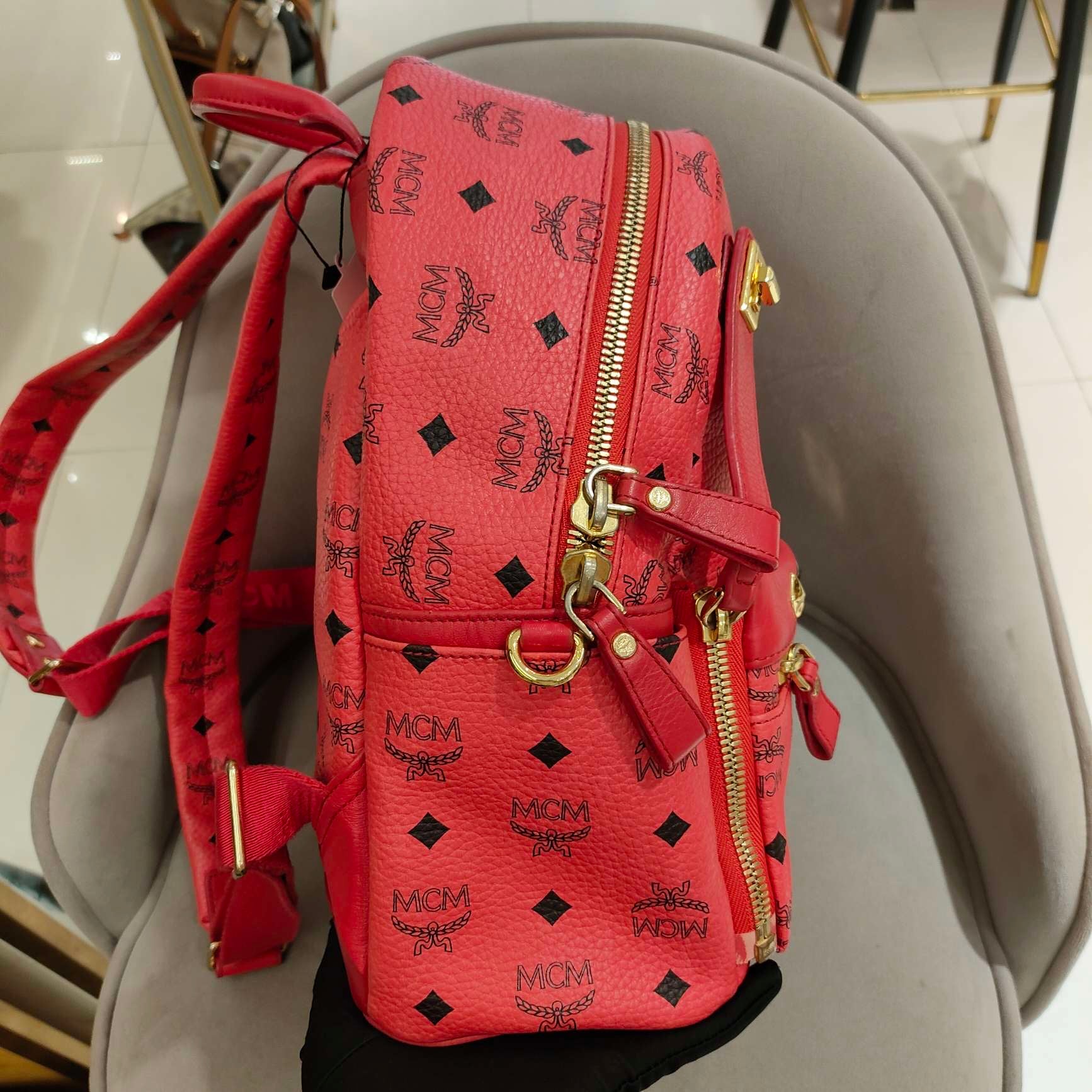 MCM Visetos Rivet Stark Backpack Medium Watermelon Red Gold Hardware