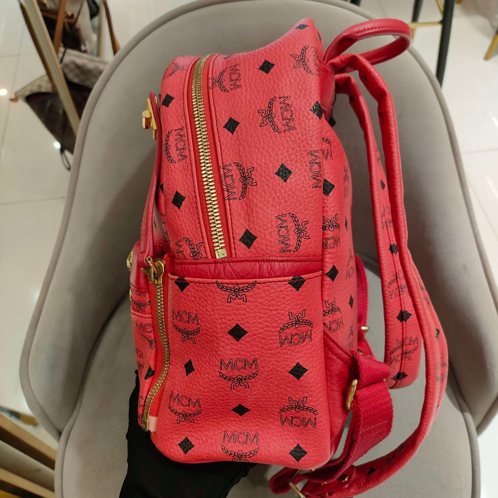 MCM Visetos Rivet Stark Backpack Medium Watermelon Red Gold Hardware