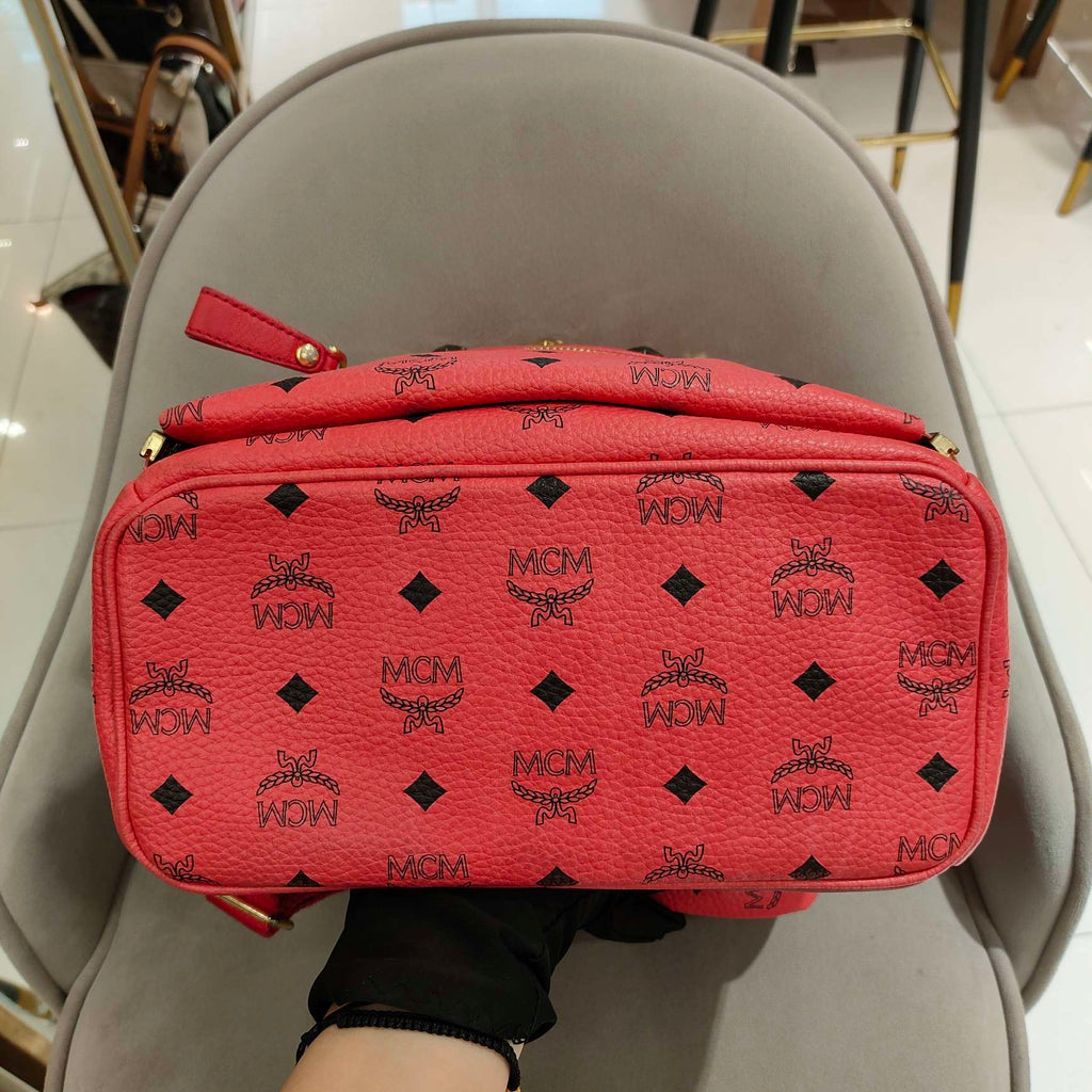 MCM Visetos Rivet Stark Backpack Medium Watermelon Red Gold Hardware