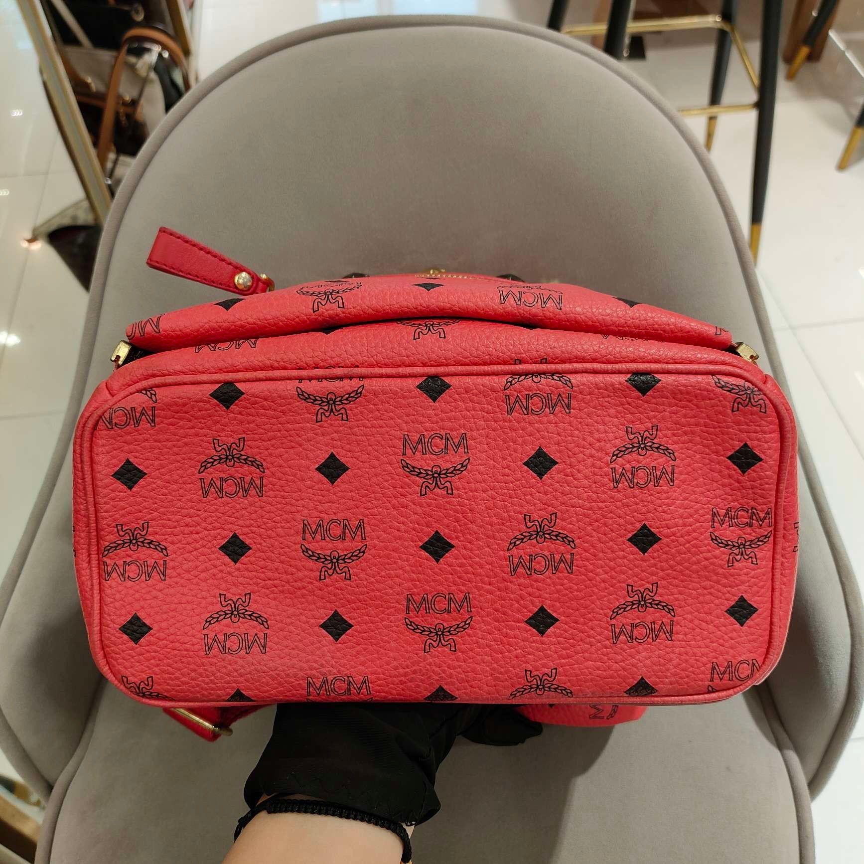 MCM Visetos Rivet Stark Backpack Medium Watermelon Red Gold Hardware
