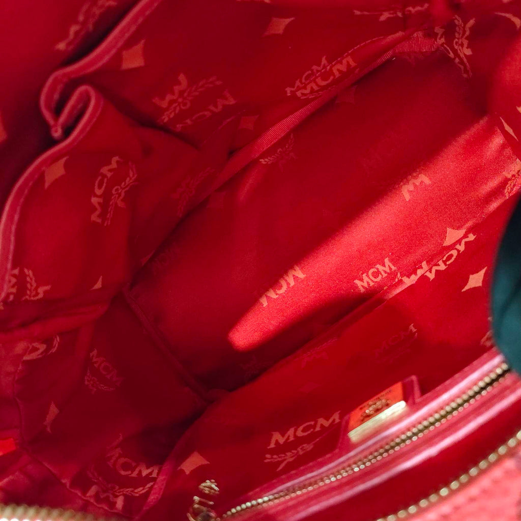 MCM Visetos Rivet Stark Backpack Medium Watermelon Red Gold Hardware