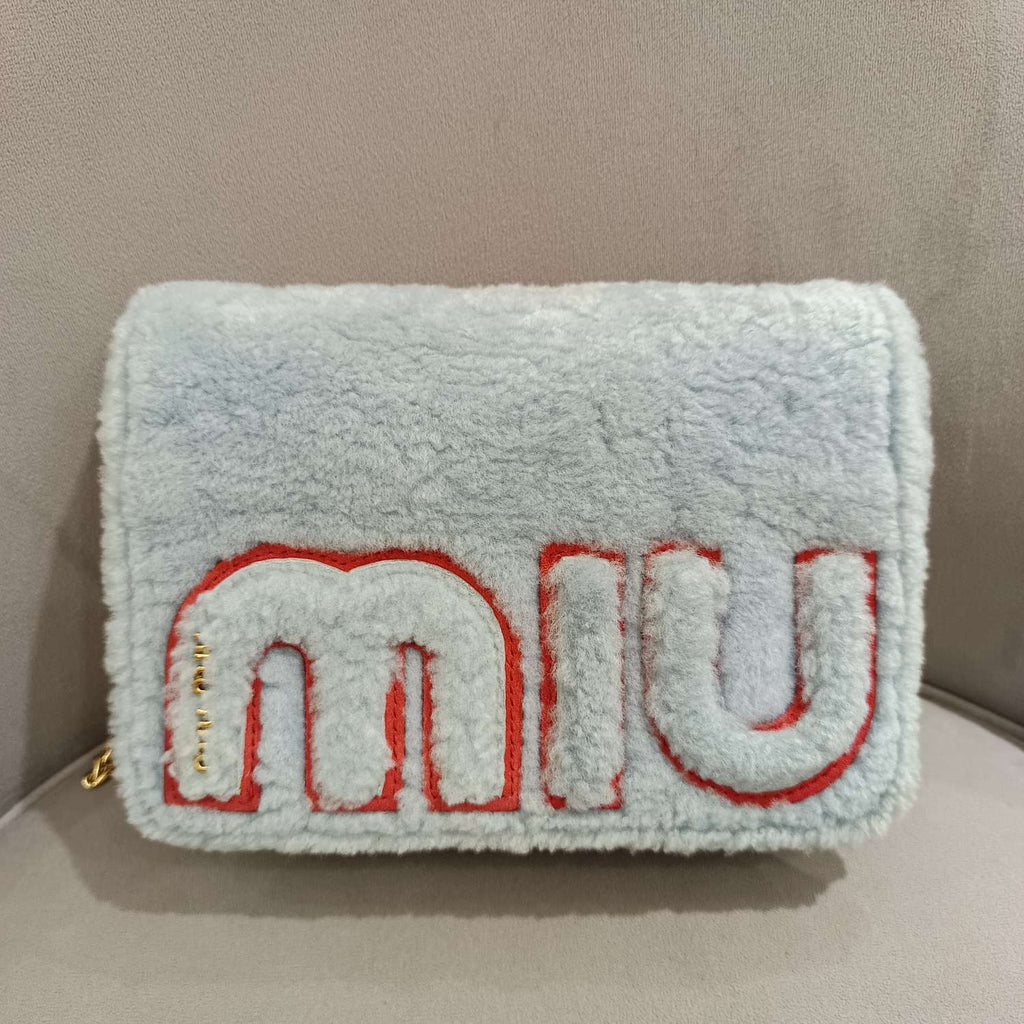 Miu Miu Plush Large Logo Chain Bag Blue Silver Hardware