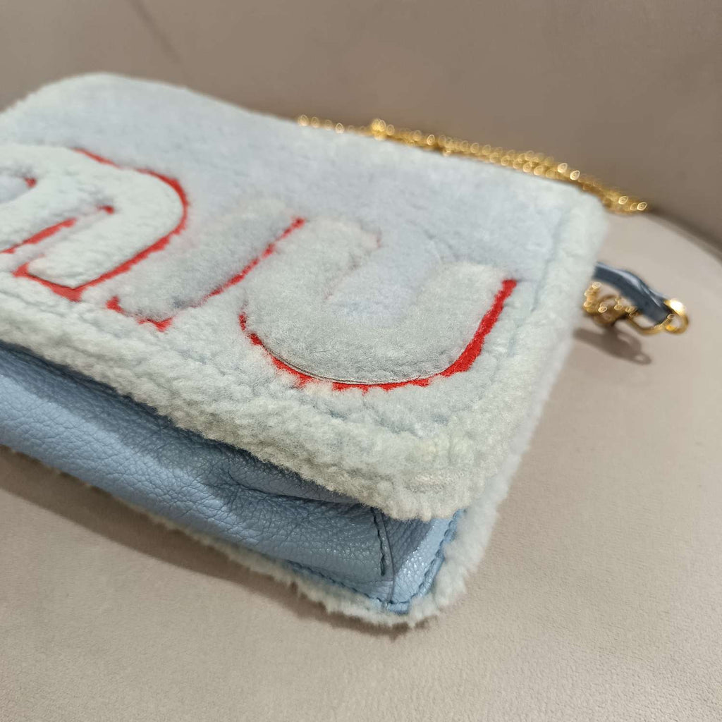Miu Miu Plush Large Logo Chain Bag Blue Silver Hardware