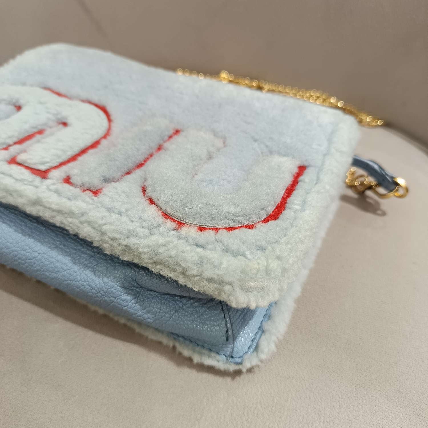 Miu Miu Plush Large Logo Chain Bag Blue Silver Hardware